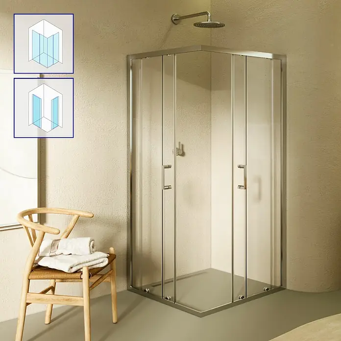 i-flair Eckdusche DK77C75x90 - Beschichtet, Silber, Stärke: 6 mm - Eckduschkabine mit klaren Glasscheiben und Chromrahmen, in einem modernen Badezimmer installiert.