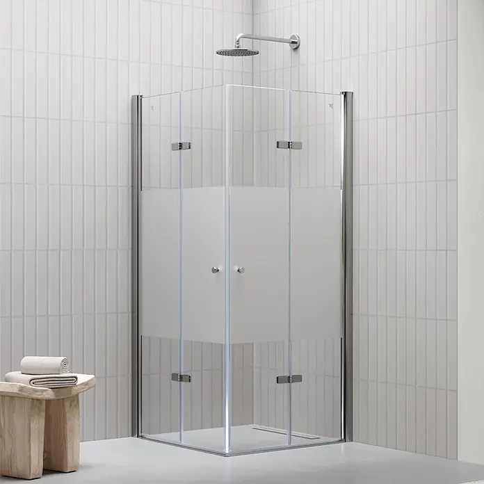 i-flair Eckdusche DK99MF80x100 - Beschichtet, Silber, Stärke: 6 mm - Eckduschkabine mit Milchglasplatten, Chromrahmen und Kopfbrause, ideal für moderne Bäder.