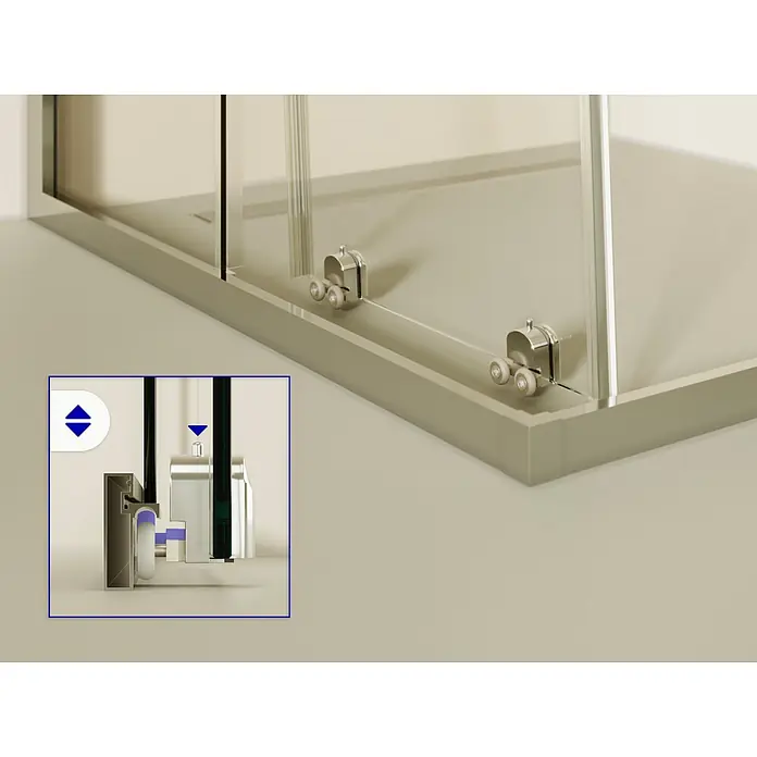 i-flair Eckdusche Diana 70x70x190 cm - Beschichtet, Silber, Stärke: 6 mm - Duschkabine mit Klarglas-Schiebetür und verchromten Rollen. Einsatz zeigt verstellbaren Schiebetürmechanismus im Querschnitt.