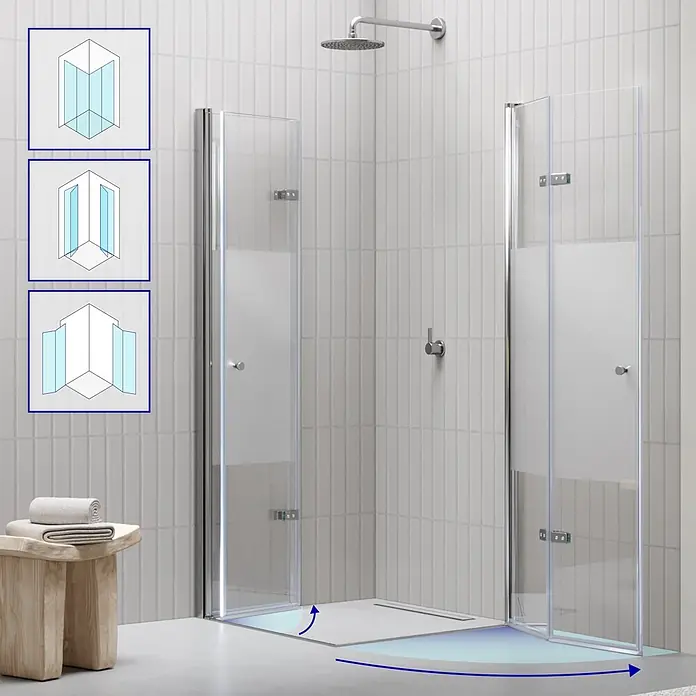 i-flair Eckdusche DK99MF80x100 - Beschichtet, Silber, Stärke: 6 mm - Eckduschkabine mit klaren und satinierten Falttüren aus Glas und Chromprofilen, die die platzsparende Faltung zeigt.