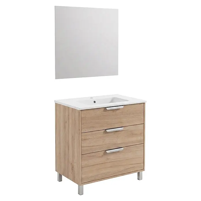Conjunto de mueble de baño Sena - Roble, Mate, Cantidad total: 3 pzs. - Mueble de baño de madera con lavabo blanco, tres cajones, tiradores plateados y espejo rectangular a juego.