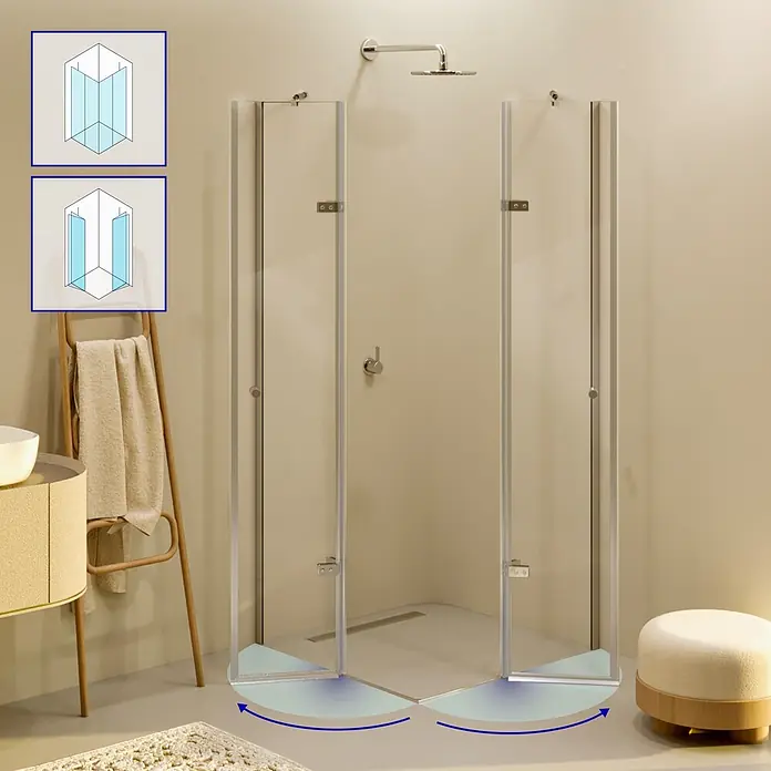 i-flair Eckdusche DK19C90x90 - Beschichtet, Silber, Stärke: 6 mm - Duschkabine mit Falttüren aus Klarglas und Silberrahmen, platzsparend nach innen öffnend im modernen Bad.