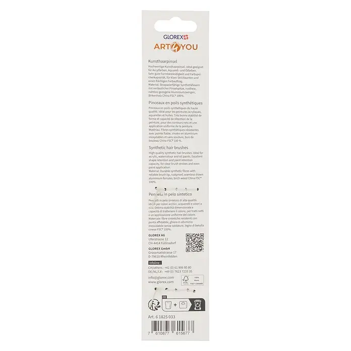 Glorex Künstlerpinsel-Set Synthetic - Größe Pinsel: 6 + 8 + 10 + 12, Gesamtstückzahl: 4 Stk. - Verpackung für GLOREX ART4YOU Kunsthaarpinsel, ideal für Acryl-, Aquarell- und Ölfarben, aus Synthetikfasern und Birkenholz.