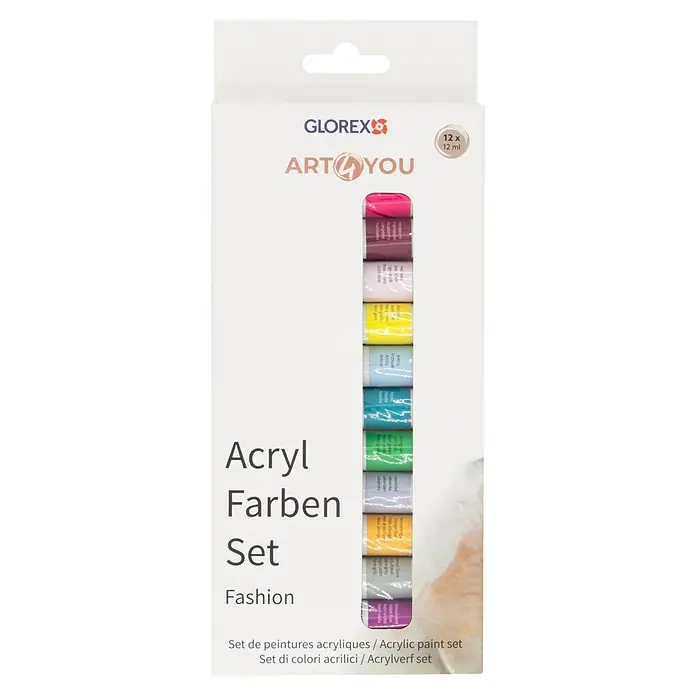 Acrylfarben-Set Fashion - 12 Stk. x 12 ml, Mehrfarbig - Glorex Art 4 You Acrylfarben-Set, 12 x 12 ml, Fashion, in weißer Packung.