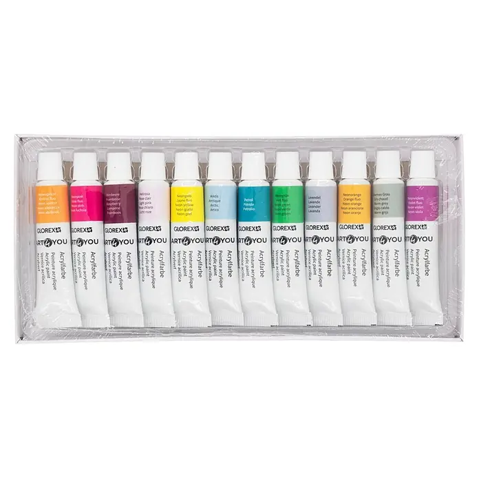 Acrylfarben-Set Fashion - 12 Stk. x 12 ml, Mehrfarbig - Ein Set aus 12 Glorex Art@You Acrylfarbtuben in Neon- und leuchtenden Farben für Kunst- und Bastelprojekte.