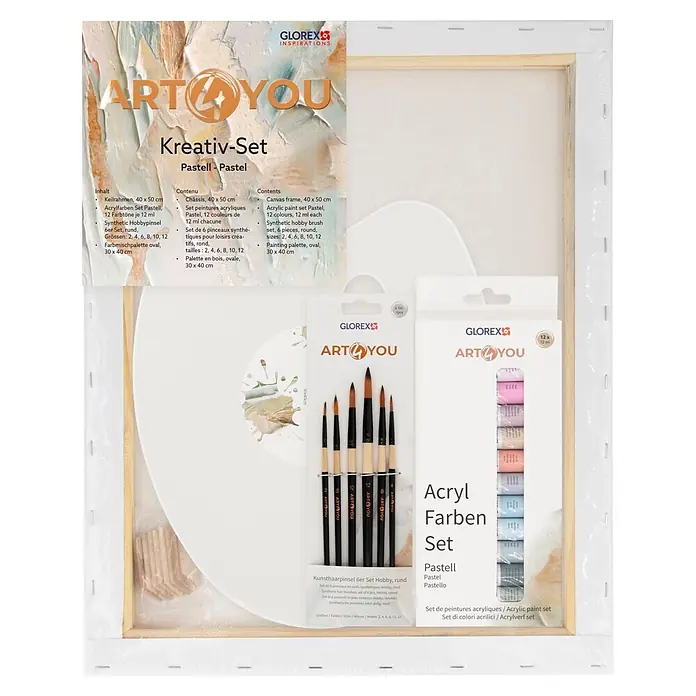 Glorex Keilrahmen Art 4 You Kreativ Set - 50 x 40 x 3 cm, Pastell - Kreativ-Set mit Leinwand, 12 Pastell-Acrylfarben, 6 Synthetikpinseln und ovaler Palette.