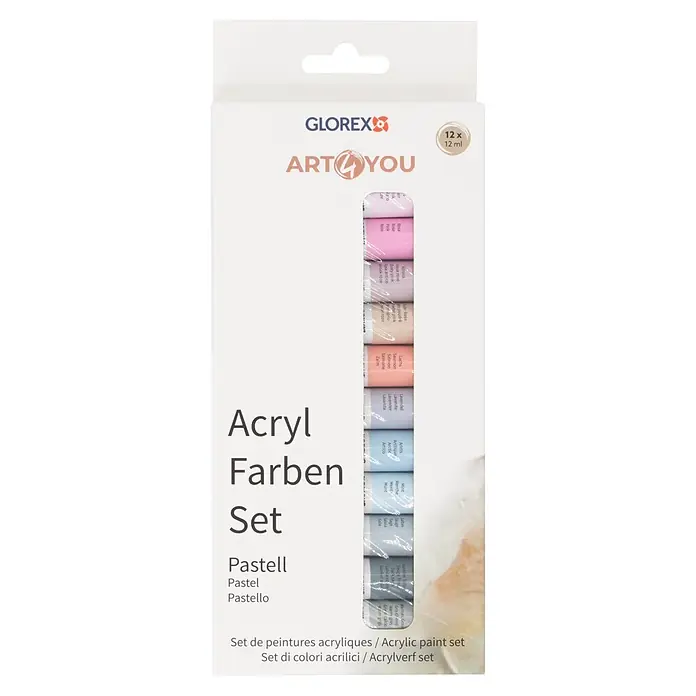 Acrylfarben-Set Pastell - 12 Stk. x 12 ml, Pastell / Mehrfarbig - Glorex Art4You pastell Acrylfarben Set in weißer Verpackung mit 12 Tuben à 12 ml.