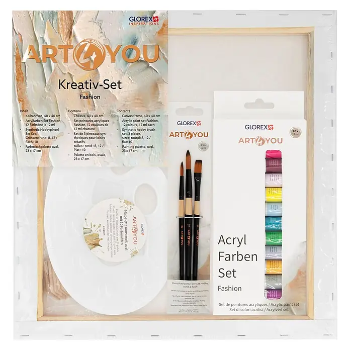 Glorex Keilrahmen Art 4 You Kreativ Set - 40 x 40 x 3 cm, Fashion - Kunst-Set mit Leinwand, 12 Acrylfarben, 3 Pinseln und einer ovalen Palette, verpackt.