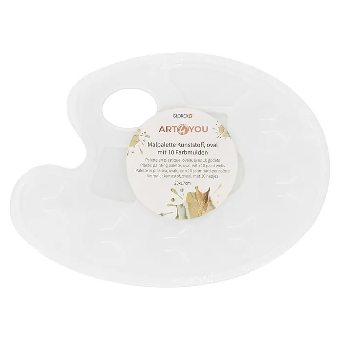 Glorex Farbmischpalette - Oval, 23 x 17 cm, Kunststoff - Weiße, ovale Kunststoff-Mischpalette mit 10 Farbmulden, in Folienverpackung mit Produktetikett.