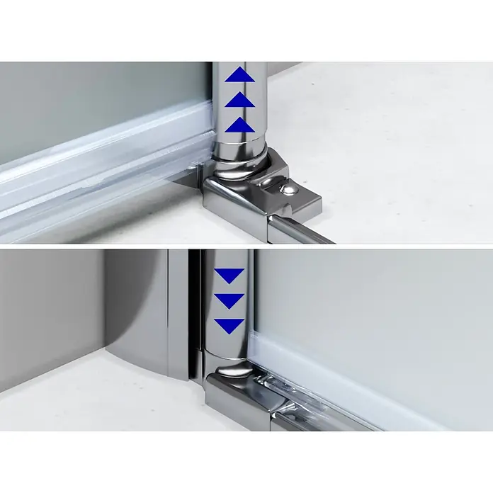 i-flair Eckdusche DK99FR105x80 - Beschichtet, Silber, Stärke: 6 mm - Verchromtes Duschkabinenprofil mit transparenter Dichtung und blauen Verstellpfeilen. Metallbeschlag verbindet die Glasplatte sicher.