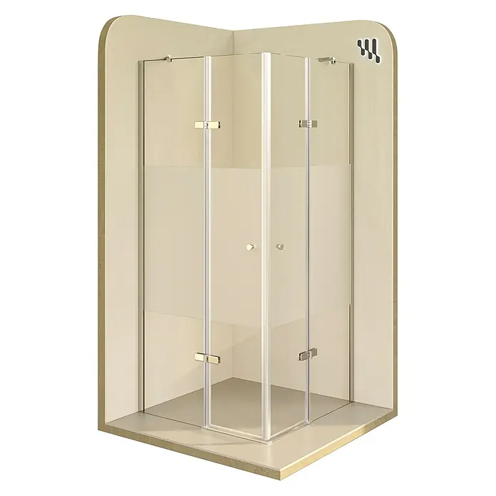 i-flair Eckdusche DK19MF120x120 - Beschichtet, Silber, Stärke: 6 mm - Eckduschkabine mit klaren und mattierten Glaspaneelen, polierten Metallscharnieren und Griffen, in einer hellen Ecke installiert.