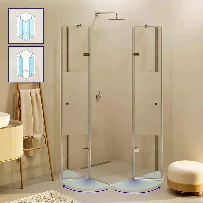 i-flair Eckdusche DK19MF120x120 - Beschichtet, Silber, Stärke: 6 mm - Zwei Duschkabinentüren mit Falttürfunktion und satinierten Glaspaneelen, teilweise geöffnet zur Demonstration des Faltmechanismus.