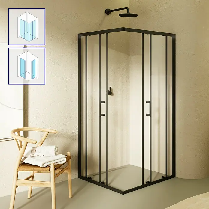 i-flair Eckdusche DK79C80x80 - Beschichtet, Schwarz, Stärke: 6 mm - Moderne schwarze Eckduschkabine aus Klarglas mit Doppel-Schwingtüren.