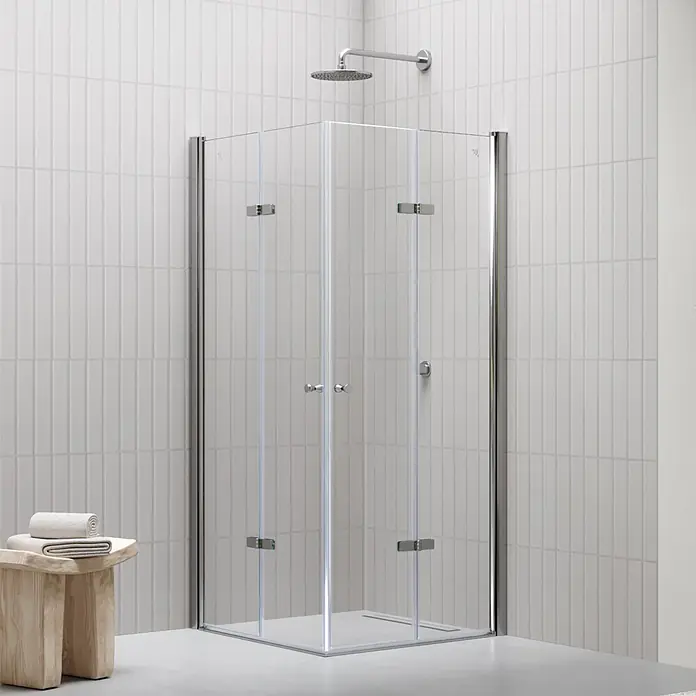 i-flair Eckdusche DK99C90x105 - Beschichtet, Silber, Stärke: 6 mm - Klare Glasduschkabine mit Chrombeschlägen, für Eckmontage konzipiert.