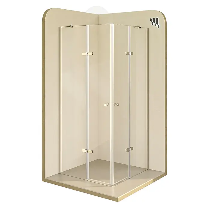 i-flair Eckdusche DK19C75x80 - Beschichtet, Silber, Stärke: 6 mm - Eckduschkabine mit Klarglasscheiben und Chrombeschlägen, in beigem Eckständer präsentiert.