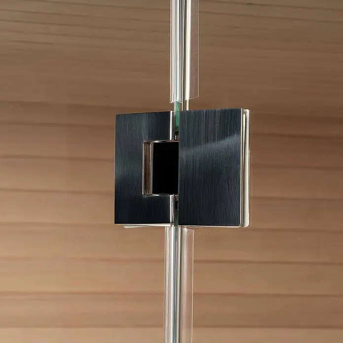Home Deluxe Elementsauna SKYLINE XL - Elektroofen, Steuerung Ofen: Integriert - Scharnier aus gebürstetem Metall für Glas-zu-Glas-Türen, verbindet zwei Klarglasplatten.