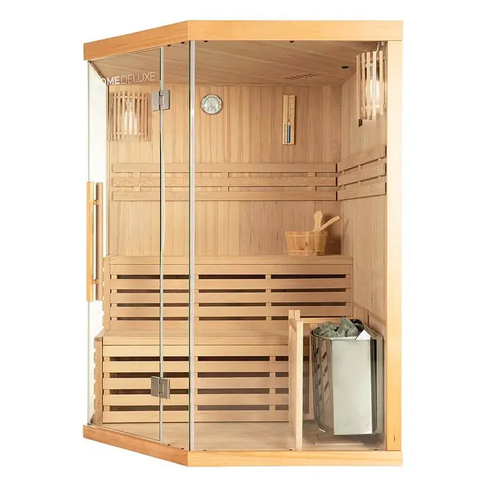 Home Deluxe Elementsauna SKYLINE XL - Elektroofen, Steuerung Ofen: Integriert - Helle Holz-Ecksauna mit Glastüren, Innenbänken und Ofen, komplett mit Thermometer, Hygrometer, Eimer und Kelle.