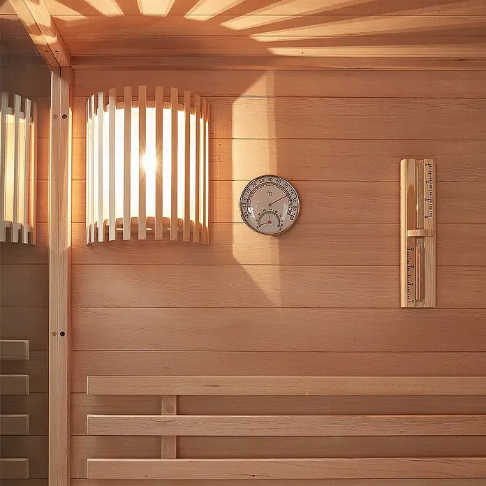 Home Deluxe Elementsauna SKYLINE XL - Elektroofen, Steuerung Ofen: Integriert - Holzsauna mit Lamellenleuchte, rundem Thermometer/Hygrometer und vertikaler Sanduhr.
