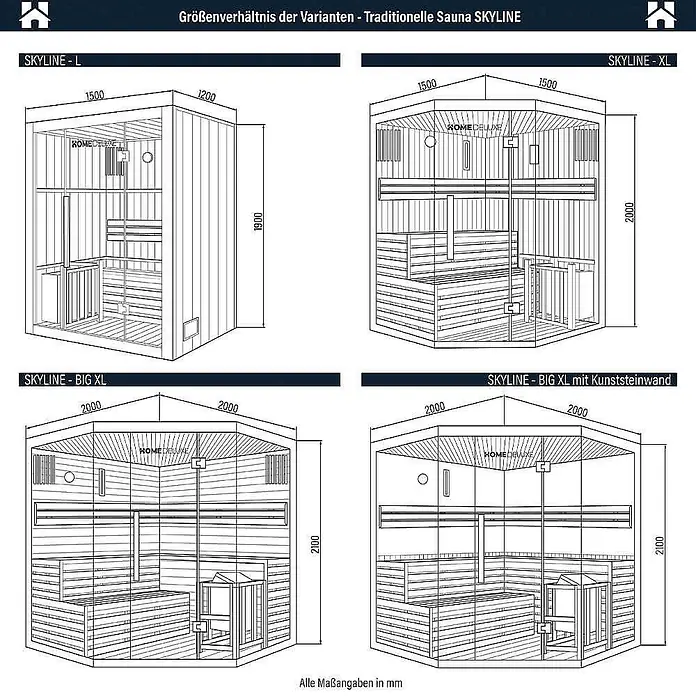Home Deluxe Elementsauna SKYLINE BIG XL KUNSTSTEINWAND - Elektroofen, Steuerung Ofen: Integriert, L x B x H: 200 x 200 x 210 cm - Vier traditionelle Saunamodelle SKYLINE (L, XL, BIG XL, BIG XL mit Kunststeinwand) mit verschiedenen Abmessungen in mm.