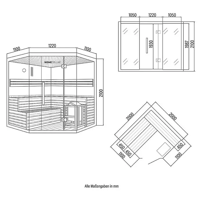 Home Deluxe Elementsauna SKYLINE BIG XL KUNSTSTEINWAND - Elektroofen, Steuerung Ofen: Integriert, L x B x H: 200 x 200 x 210 cm - Technische Zeichnungen einer Ecksauna mit isometrischer, Draufsicht und Frontansicht inklusive Maßen in Millimetern.