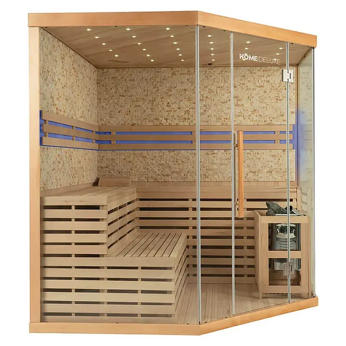 Home Deluxe Elementsauna SKYLINE BIG XL KUNSTSTEINWAND - Elektroofen, Steuerung Ofen: Integriert, L x B x H: 200 x 200 x 210 cm - Ecksauna aus hellem Holz und Glas mit mehrstufigen Bänken, strukturierten Wänden, blauer LED-Beleuchtung und integriertem Ofen.