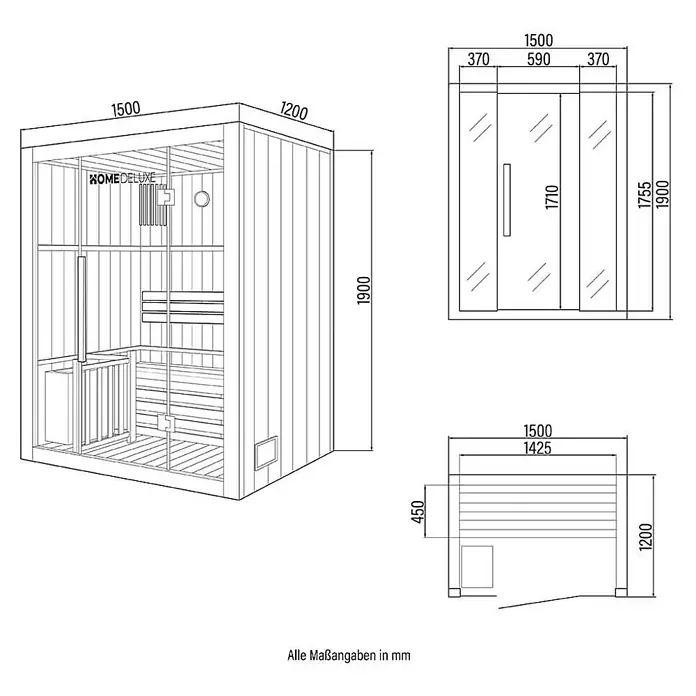 HOME DELUXE - Traditionelle Sauna SKYLINE L - 150 x 120 cm für 3 Personen -  - Detaillierte technische Zeichnung einer Holzsaunakabine mit Glastür, einschließlich Außen- und Innenmaßen.