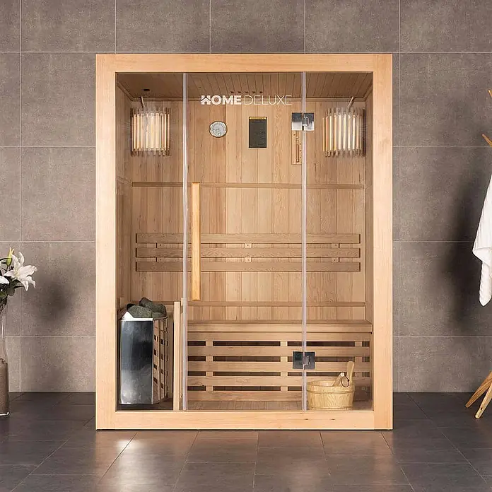 HOME DELUXE - Traditionelle Sauna SKYLINE L - 150 x 120 cm für 3 Personen -  - Hölzerne Saunakabine mit Glastür, Heizung, Bänken und Eimer.