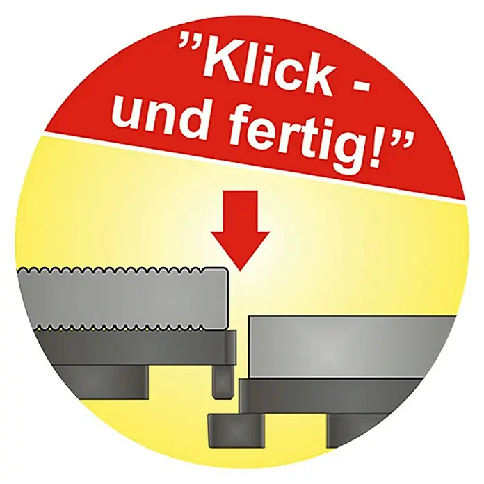 Klickfliese - Douglasie, 60 x 30 x 3 cm, Braun, 2 Stk. - Illustration von zwei zusammenklickenden Teilen mit rotem Pfeil. Der Text lautet: "Klick - und fertig!".