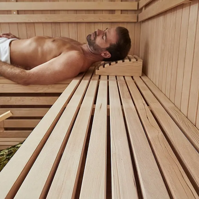Home Deluxe Elementsauna SKYLINE BIG XL - Elektroofen, Steuerung Ofen: Integriert, L x B x H: 200 x 200 x 210 cm - Leichte hölzerne Saunakopfstütze, von einem Mann beim Entspannen in der Sauna benutzt.