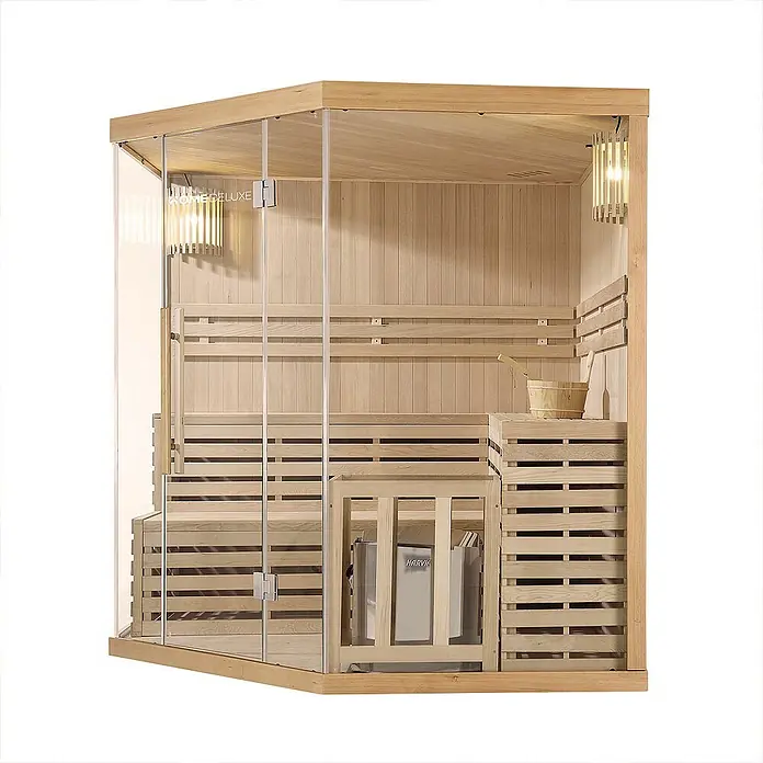 Home Deluxe Elementsauna SKYLINE BIG XL - Elektroofen, Steuerung Ofen: Integriert, L x B x H: 200 x 200 x 210 cm - Moderne Sauna aus hellem Holz und Glas mit Bänken, Ofen und Saunazubehör.