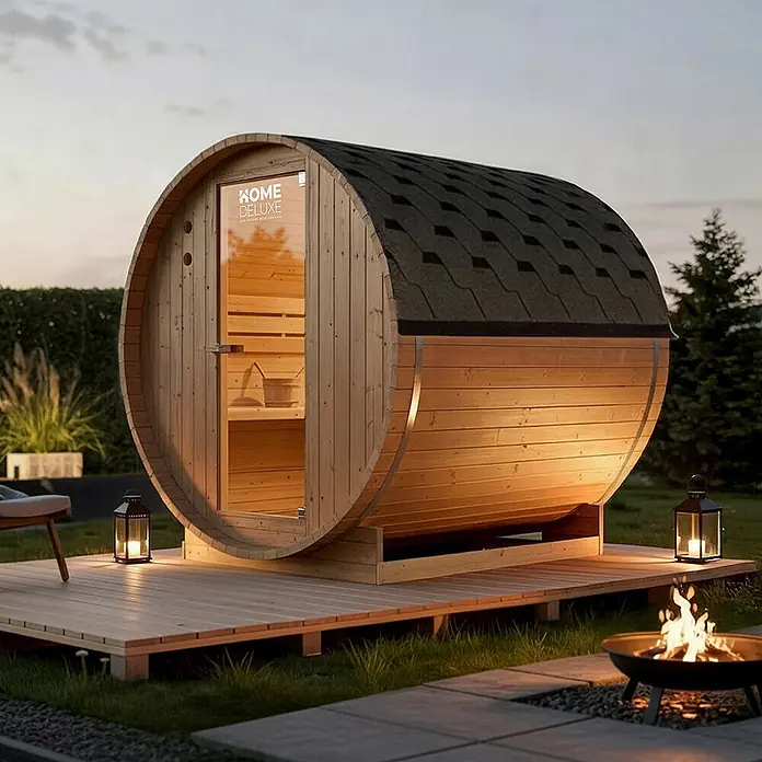 HOME DELUXE - Outdoor Fasssauna LAHTI L - 195 x 180 cm für 4 Personen -  - Holzfasssauna mit dunklem Schindeldach auf einer Außenterrasse bei Dämmerung, beleuchtet mit warmen Innen- und Außenlichtern.