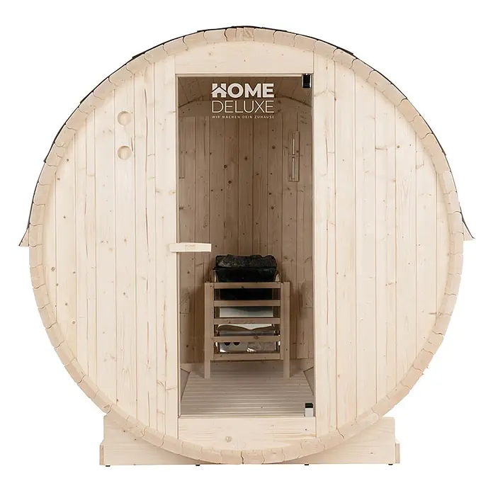 HOME DELUXE - Outdoor Fasssauna LAHTI L - 195 x 180 cm für 4 Personen -  - Helle Holzfasssauna mit schwarzem Schindeldach und Glastür, innen mit Saunaofen auf Holzständer.