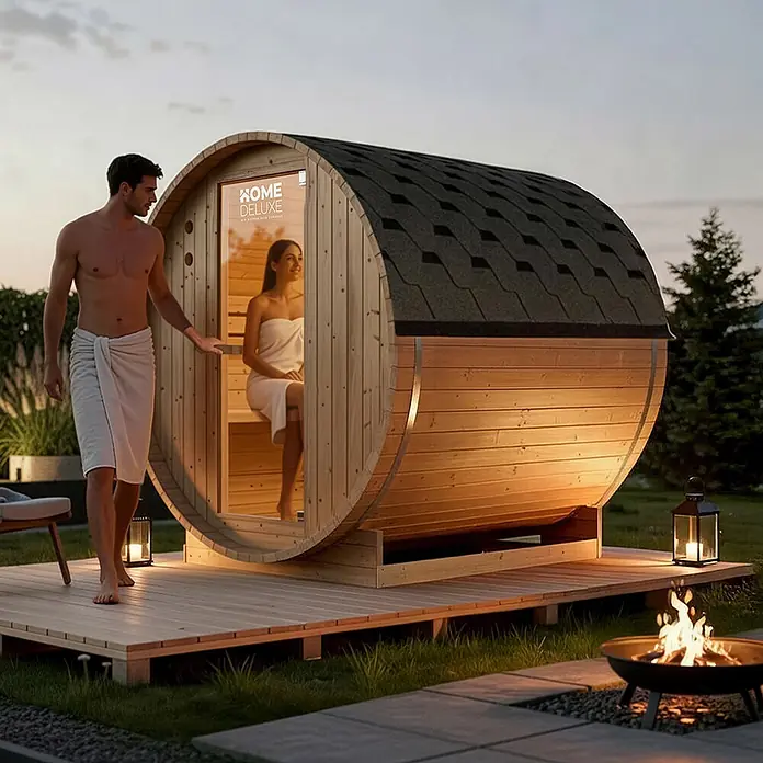 HOME DELUXE - Outdoor Fasssauna LAHTI L - 195 x 180 cm für 4 Personen -  - Holzfasssauna mit dunklem Dach, sanft leuchtend, in einer abendlichen Außenumgebung mit einem Paar.