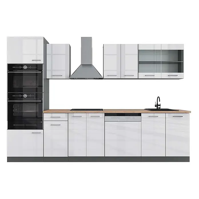 Vicco Küchenzeile R-Line Weiß Hochglanz/Anthrazit mit Hochschrank, AP Eiche - Breite: 300 cm, Weiß Hochglanz, Ohne Elektrogeräte - Moderne weiße Hochglanzküche mit integrierten Geräten und Holzarbeitsplatte.