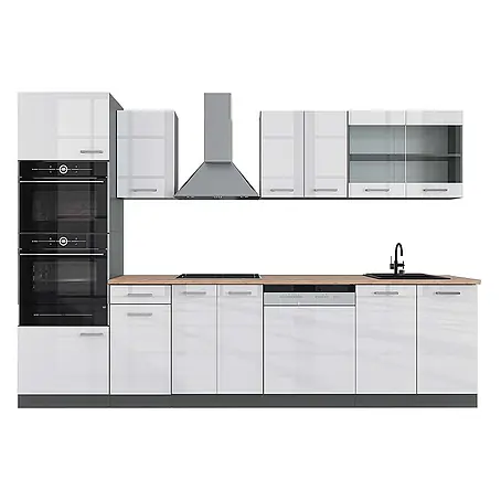 Vicco  Küchenzeile R-Line Weiß Hochglanz/Anthrazit mit Hochschrank, AP Eiche