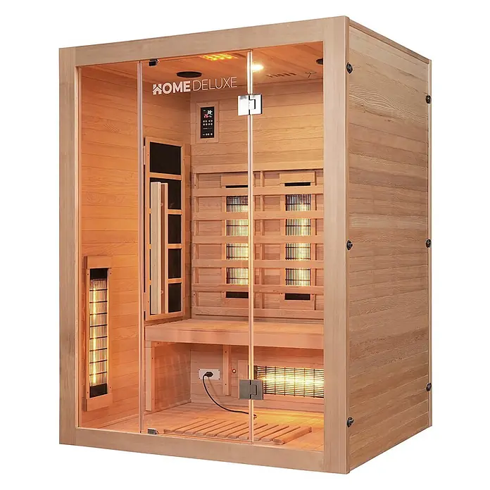 Home Deluxe Infrarotkabine SAHARA L -  - Moderne Infrarotsauna aus hellem Holz mit Glastür und sichtbaren Innenheizern.