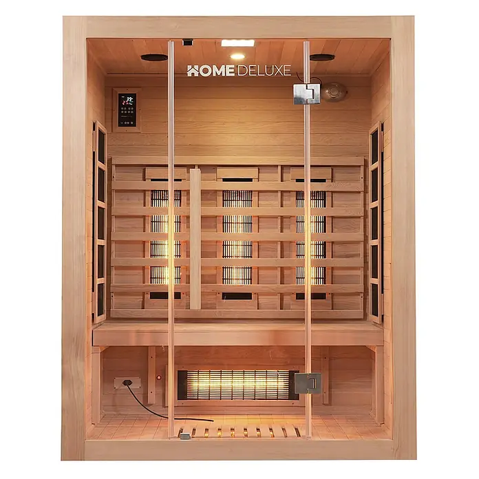 Home Deluxe Infrarotkabine SAHARA L -  - Helle Holz-Infrarotsauna mit Glastür, Innenbänken, Bedienfeld und glühenden Heizungen.