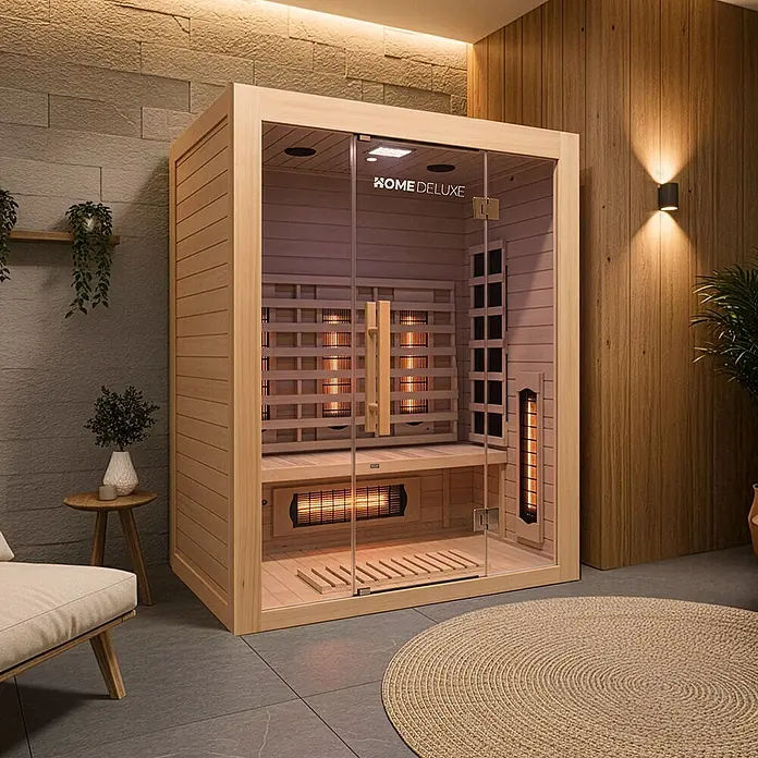 Home Deluxe Infrarotkabine SAHARA L -  - Eine helle Infrarot-Sauna aus Holz und Glas mit glühenden Heizstrahlern in einem modernen Raum.