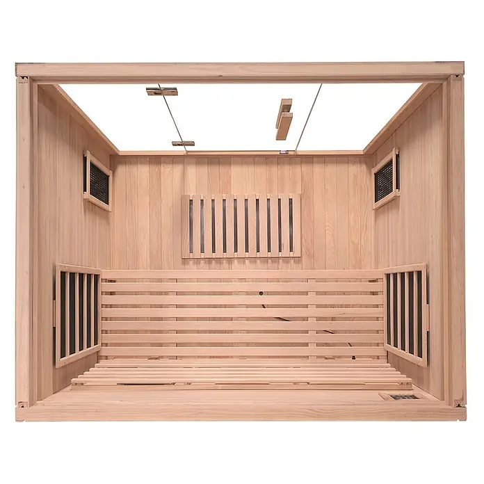 Home Deluxe Infrarotkabine SAHARA L -  - Geräumiger, leerer Saunainnenraum aus hellem Holz mit Lattenbänken und Wandverkleidungen.