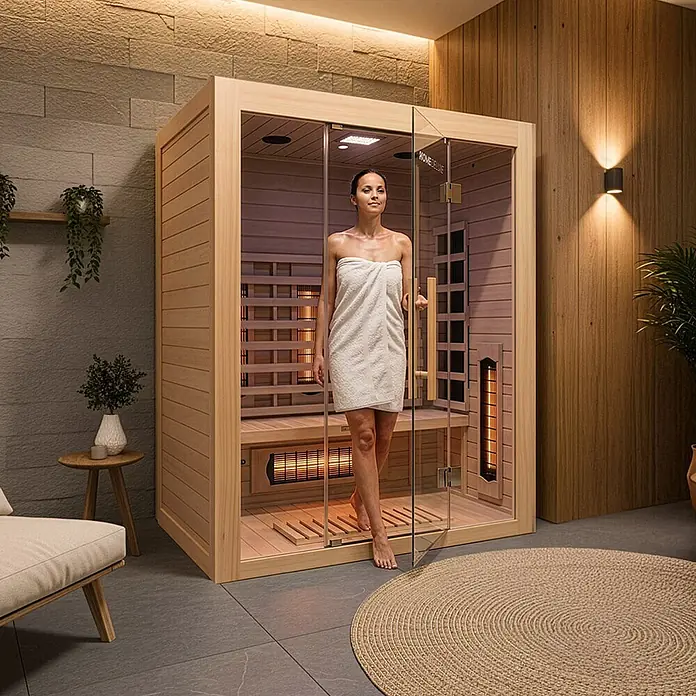 Home Deluxe Infrarotkabine SAHARA L -  - Moderne Infrarotsauna aus Holz mit Glastür, eine Frau im Handtuch tritt heraus, Nutzung zeigend.