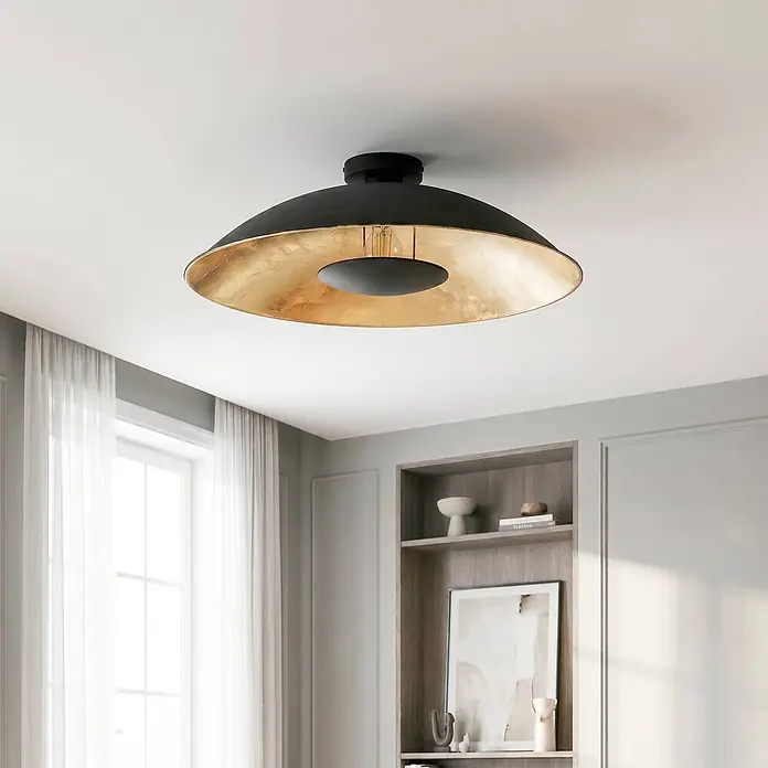Lindby Deckenleuchte Emilienne - schwarz, E27 - Schwarze Deckenleuchte mit texturierter goldener Innenseite, flächenbündig an der Decke montiert.