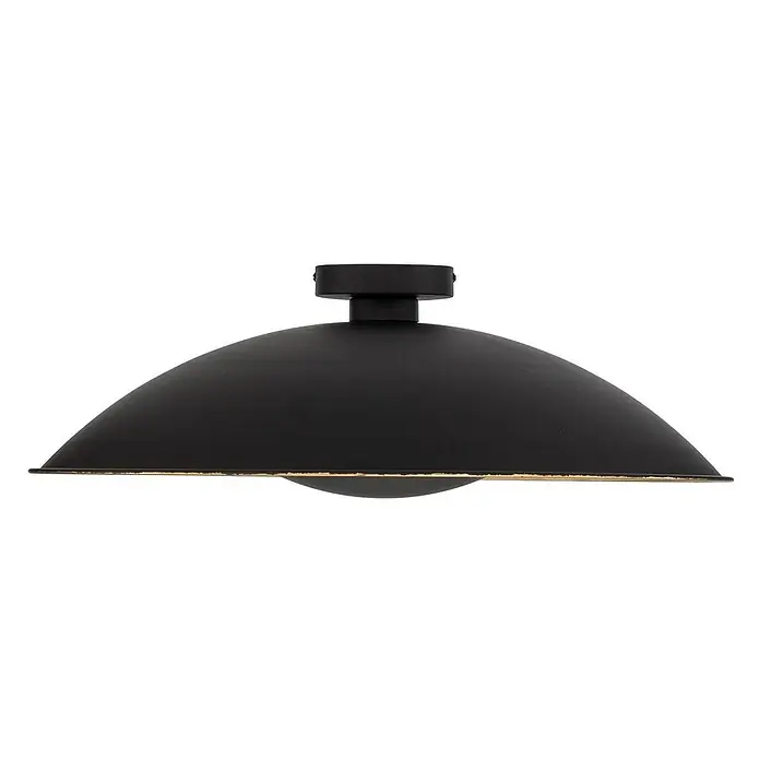 Lindby Deckenleuchte Emilienne - schwarz, E27 - Schwarze Deckenleuchte mit breitem, flachem Schirm und goldfarbenem Rand in Used-Optik.