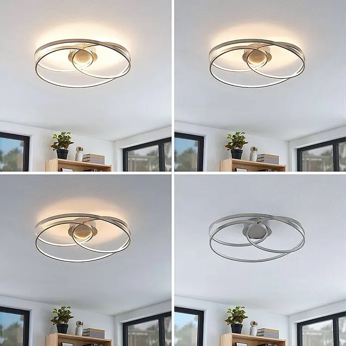Lindby Deckenleuchte Joline - L x B x H: 60 x 60 x 14,5 cm, alu / grau / zink, alu / grau / zink - Moderne LED-Deckenleuchte mit verschlungenen Ringen aus gebürstetem Nickel, gezeigt mit Warmlicht, Kaltlicht und ausgeschaltet.