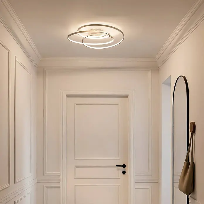 Lindby Deckenleuchte Joline - L x B x H: 60 x 60 x 14,5 cm, alu / grau / zink, alu / grau / zink - Moderne LED-Deckenleuchte mit überlappenden, beleuchteten Ringen, die warmes Licht in einem Flur spendet.