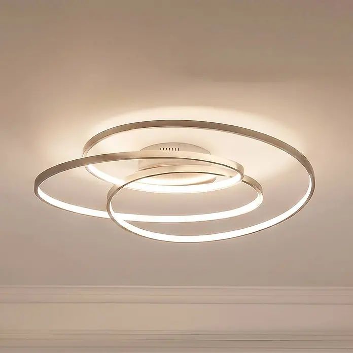 Lindby Deckenleuchte Joline - L x B x H: 60 x 60 x 14,5 cm, alu / grau / zink, alu / grau / zink - Moderne LED-Deckenleuchte mit drei überlappenden silbergrauen Spiralringen, die warmweißes Licht abgeben.