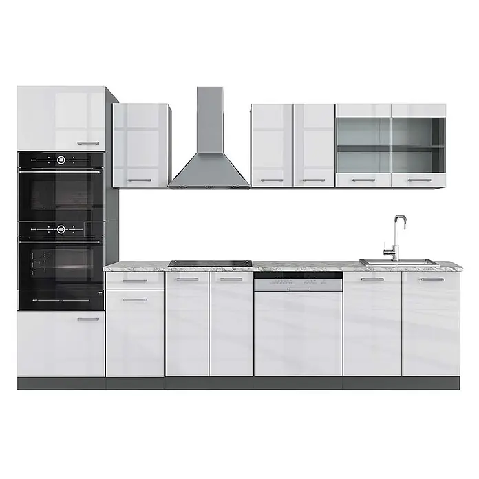 Vicco Küchenzeile R-Line Weiß Hochglanz/Anthrazit mit Hochschrank, AP Marmor - Weiß Hochglanz, Ohne Elektrogeräte - Moderne, weiße Hochglanzküche mit schwarzen Einbaubacköfen, Induktionskochfeld, Spülmaschine, Spüle und Marmoroptik-Arbeitsplatte.