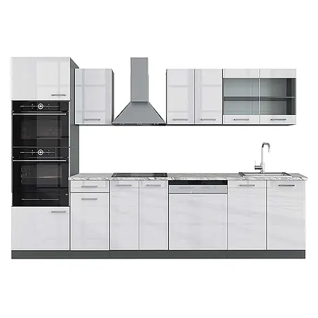 Vicco  Küchenzeile R-Line Weiß Hochglanz/Anthrazit mit Hochschrank, AP Marmor