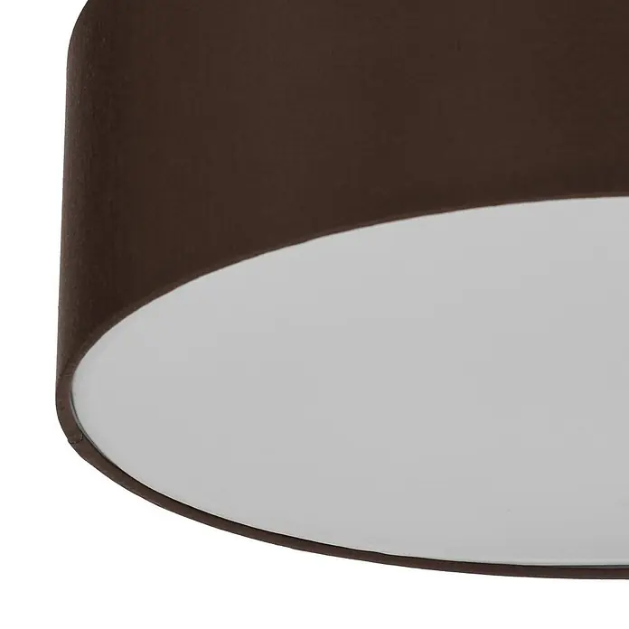 Lindby Deckenleuchte Sebatin - L x B x H: 40 x 40 x 17 cm, braun / rost, E27 - Unteransicht eines dunkelbraunen Trommel-Lampenschirms mit weißer Innenseite.
