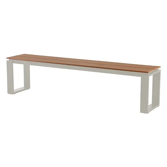Ebuy24 Gartenbank Martinus - B x T x H: 36 x 180 x 43 cm, Aluminium, Nonwood., Teak - Lange Bank mit Holzlattensitz und hellgrauem Metallrahmen.