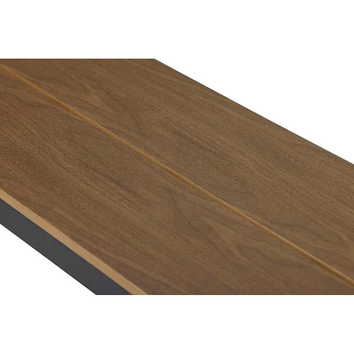 Ebuy24 Gartenbank Martinus - B x T x H: 36 x 180 x 43 cm, Aluminium, Nonwood., Walnuss - Nahaufnahme einer Nussbaum-Holzoberfläche mit dunkler Kante und mittiger Rille.